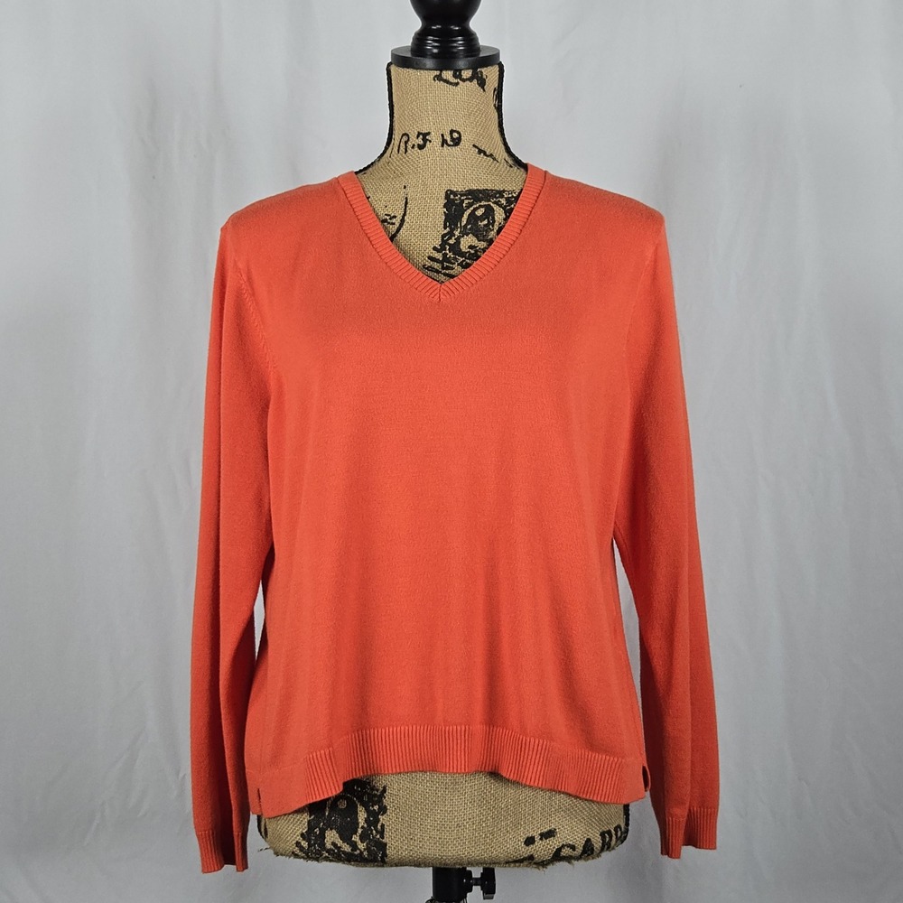 Calvin Klein Women's V Neck Sweater L Coral Orange Soft Knit Minimalist Classic